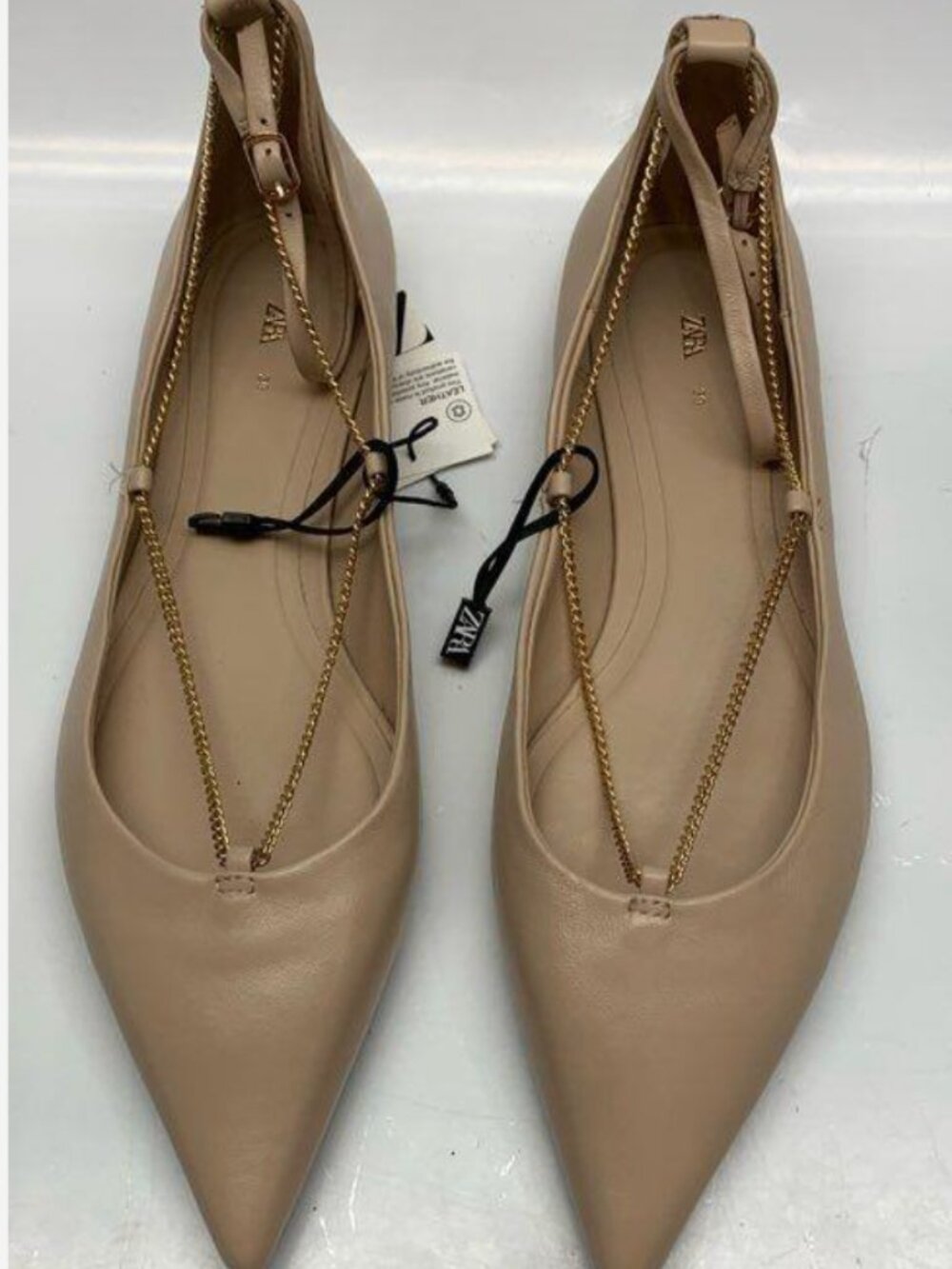 Zara Beige Leather Pointed-Toe Chain-Strap Ballet Flats – Size 8